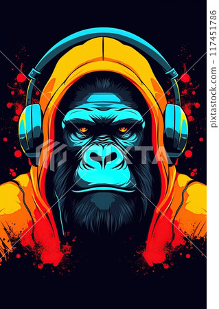 Gorilla rapper with headphones. Pop art style poster, t shirt design. Generative Ai 117451786