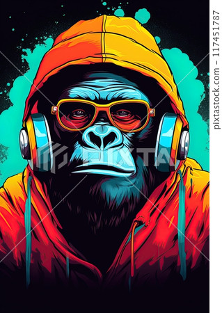 Gorilla rapper with headphones. Pop art style poster, t shirt design. Generative Ai 117451787