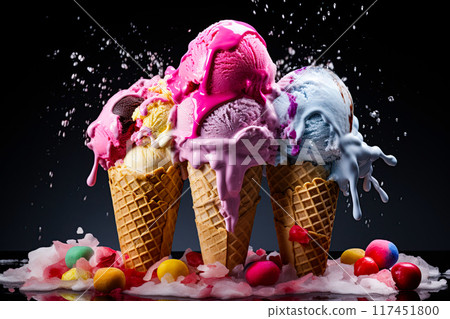 Melting colorful ice cream in a waffle cones over the dark background. Generative Ai 117451800