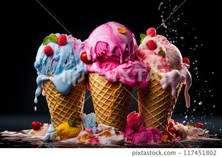 Melting colorful ice cream in a waffle cones over the dark background. Generative Ai 117451802