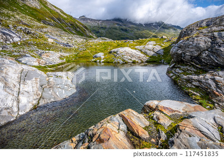 A serene view of the Schlaten Glacier area in Austria showcases a calm pond surrounded by rugged rocks and lush greenery under a partly cloudy sky, emphasizing the natural beauty. A serene view of the Schlaten Glacier area in Austria showcases a calm pond surrounded by rugged rocks and lush greenery under a partly cloudy sky, emphasizing the natural beauty. 117451835