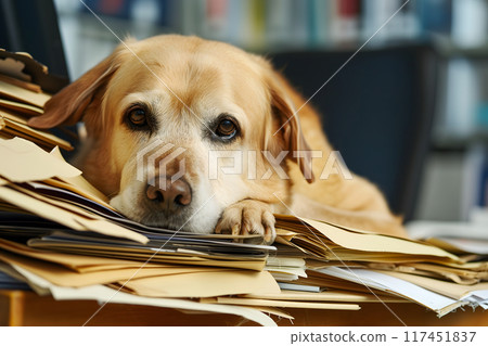 dog in an office, overwhelmed by a mountains of paperwork 117451837