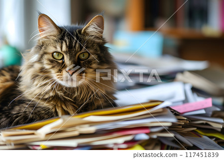 cat in an office, overwhelmed by a mountains of paperwork 117451839