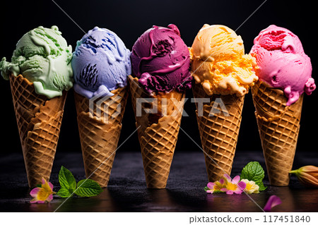 Many fruit flavored ice creams over the dark background. Generative Ai 117451840