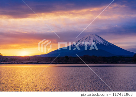 (Yamanashi Prefecture) Sunrise, morning glow, and Mt. Fuji as seen from Lake Shoji 117451963