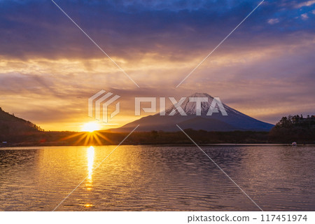 (Yamanashi Prefecture) Sunrise, morning glow, and Mt. Fuji as seen from Lake Shoji 117451974