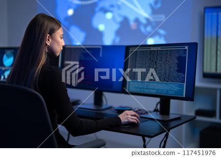 Busy Female IT Consultant in cyber security team working to prevent security threats, vulnerability and solve incidents 117451976