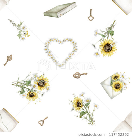 Watercolor seamless pattern with green book in vintage style and open envelope with bouquet of daisy and sunflower flowers. Hand drawn illustration keys bronze colors. Heart wreath with wildflowers. 117452292