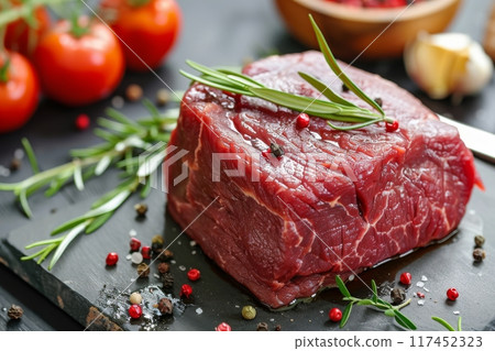 Beef steak, on a cutting board with herbs and spices Beef steak, on a cutting board with herbs and spices 117452323