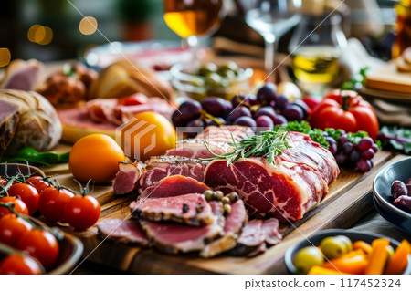 Appetizer board with assorted meats, fresh fruits and vegetables 117452324
