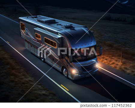 Recreational Vehicle Apartment Truck on the Road at Night Aerial AI Photo 117452362