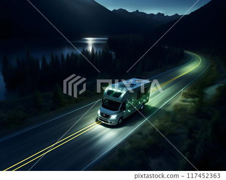 Recreational Vehicle Apartment Truck on the Road at Night Aerial AI Photo 117452363