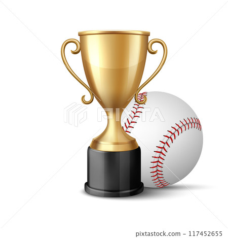 Vector 3d Realistic Metal Yellow Golden Champion Cup and Baseball Set, Isolated. Championship Trophy Design Template for Sports Concept, Front View Vector 3d Realistic Metal Yellow Golden Champion Cup and Baseball Set, Isolated. Championship Trophy Design Template for Sports Concept, Front View 117452655