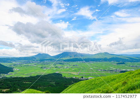 Panoramic view from Daikanbo in Aso National Park Panoramic view from Daikanbo in Aso National Park 117452977