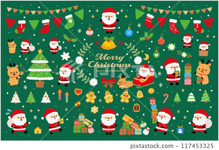 聖誕老人與馴鹿聖誕插圖集（綠色） 117453325