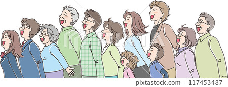 People of various ages _ Sideways _ Smiling and facing the wind _ 12 people lined up in a row 117453487
