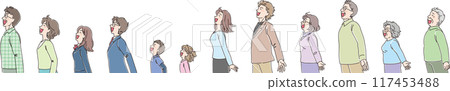 People of various ages _ Sideways _ Smiling and facing the wind _ Set of one person in a row 117453488