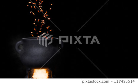 Halloween 3D animation pouring candy into pot on fire, space for text, black background. Halloween 3D animation pouring candy into pot on fire, space for text, black background. 117453514