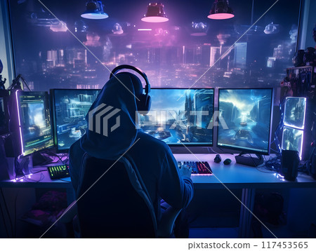 Video Gamer Streamer in his Gaming Streaming Room Anime Style AI Artwork 117453565