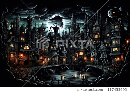 Scary medieval town at night. Doodle art, drawing style, graphic art poster design. Generative Ai illustration 117453693