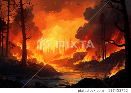 Wildfire in the forest. Wood burning in flames. Generative Ai illustration Wildfire in the forest. Wood burning in flames. Generative Ai illustration 117453732