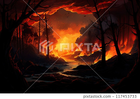 Wildfire in the forest. Wood burning in flames. Generative Ai illustration Wildfire in the forest. Wood burning in flames. Generative Ai illustration 117453733