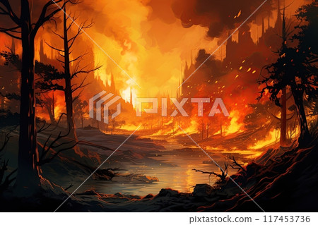 Wildfire in the forest. Wood burning in flames. Generative Ai illustration Wildfire in the forest. Wood burning in flames. Generative Ai illustration 117453736