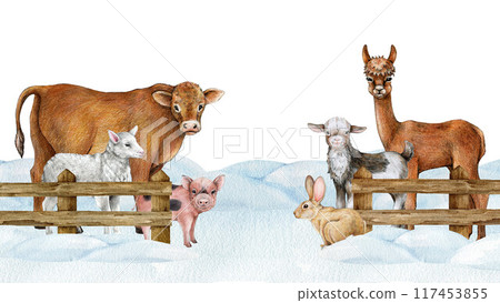 Winter time farm animals on the snow ground behind wooden fence. Vintage style illustration. Hand drawn cow, sheep, goat, pig standing behind border. Farm animals winter season countryside image 117453855