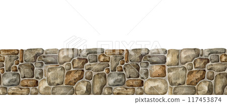 Stone wall surface seamless border element. Watercolor illustration. Hand painted fence from various stones, rocks, pebbles. Outside landscape surface border. Rocky wall on white background 117453874