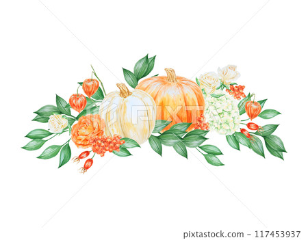 Orange and white pumpkins, roses, hydrangea, rowan berries and rose hips. Hand drawn watercolor isolated illustration with fall vegetables and plants for poster, card. Botanical colorful clipart. Orange and white pumpkins, roses, hydrangea, rowan berries and rose hips. Hand drawn watercolor isolated illustration with fall vegetables and plants for poster, card. Botanical colorful clipart. 117453937