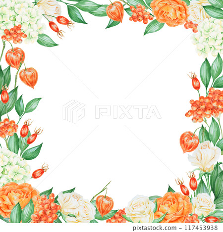 Orange and white roses, hydrangea, rowan berries and rose hips. Hand drawn watercolor isolated horisontal frame with fall berries, flowers and plants for banner template with copy space for text 117453938