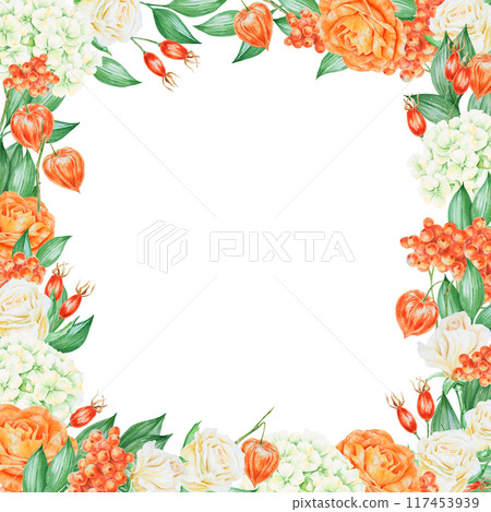 Orange and white roses, hydrangea, rowan berries and rose hips. Hand drawn watercolor isolated horisontal frame with fall berries, flowers and plants for banner template with copy space for text Orange and white roses, hydrangea, rowan berries and rose hips. Hand drawn watercolor isolated horisontal frame with fall berries, flowers and plants for banner template with copy space for text 117453939