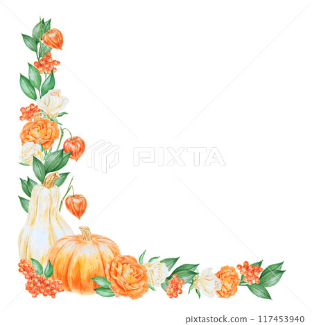 Orange and white pumpkins, roses, hydrangea, rowan berries and rose hips. Hand drawn watercolor isolated corner frame with fall vegetables and plants for banner template with copy space for text Orange and white pumpkins, roses, hydrangea, rowan berries and rose hips. Hand drawn watercolor isolated corner frame with fall vegetables and plants for banner template with copy space for text 117453940