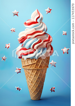 Ice Cream in a cone in colors of American flag. Generative Ai 117453970