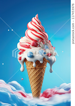 Ice Cream in a cone in colors of American flag. Generative Ai 117453976