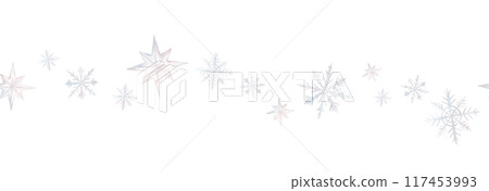 Seamless border with snow and snowflakes in different shapes and forms. Christmas and New Year background. Watercolor hand drawn illustration on isolated background. Repeat print for banner 117453993