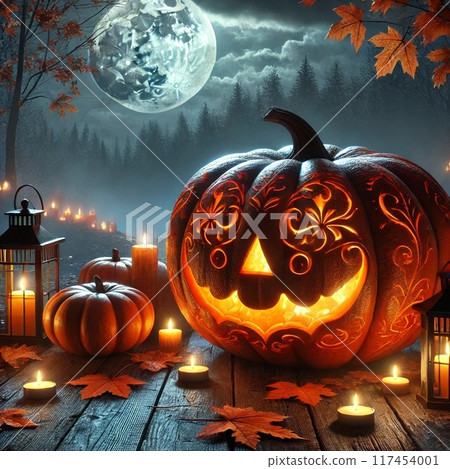 萬聖節南瓜和漂浮在夜空中的月亮 萬聖節南瓜和漂浮在夜空中的月亮 117454001