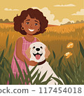Cheerful girl playing with her dog on a sunny meadow surrounded by tall grass and flowers. 117454018