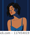 Retro portrait of a woman leaning against a wall 117454019