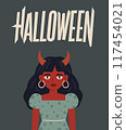 Unhappy devil girl in ugly dress. Halloween 117454021