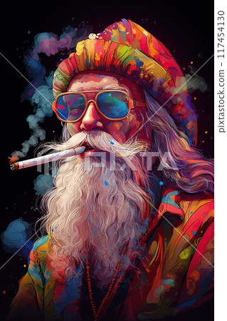 Santa Claus hippie smoking a joint. Marijuana and Cannabis concept. Poster design. Generative Ai 117454130