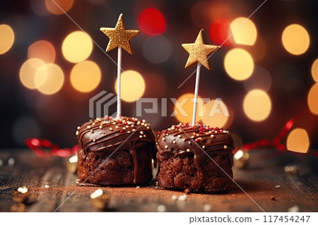 Chocolate brownies decorated with golden stars. Christmas food and decoration. Generative Ai 117454247
