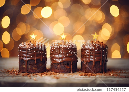 Chocolate brownies decorated in Christmas style. Bokeh lights background. Generative Ai 117454257