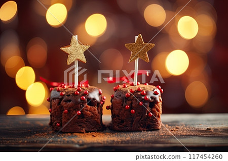Chocolate brownies decorated with golden stars. Christmas food and decoration. Generative Ai 117454260