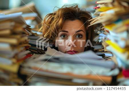 Caucasian woman in an office, overwhelmed by a mountains of paperwork 117454435