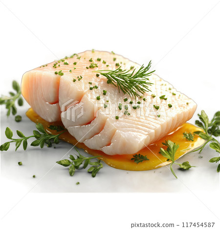 Cod fillet white flaky fillet herbs fluttering down Food and Culinary concept 117454587