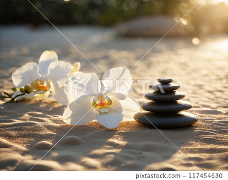 Zen garden massage hot stones on back white orchids raked sand pagoda soft lighting at Zen garden massage hot stones on back white orchids raked sand pagoda soft lighting at 117454630