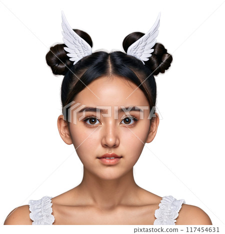 Young Eurasian woman with space buns and winged eyeliner adorable face grieving eyes delighting mouth. Essence of diverse femininity. Young Eurasian woman with space buns and winged eyeliner adorable face grieving eyes delighting mouth. Essence of diverse femininity. 117454631