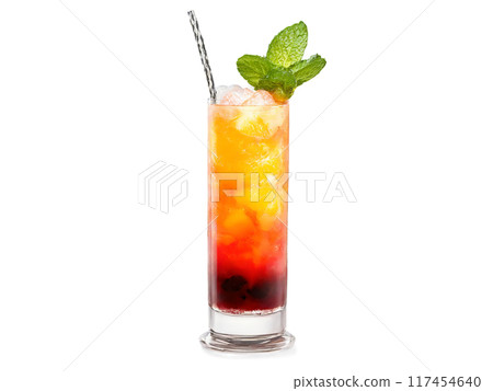 Mai Tai Swizzle A tall glass with layered orange and red liquid mint sprig and Mai Tai Swizzle A tall glass with layered orange and red liquid mint sprig and 117454640