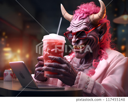 Happy Devil Drinking a Bubble Tea AI Artwork 117455148